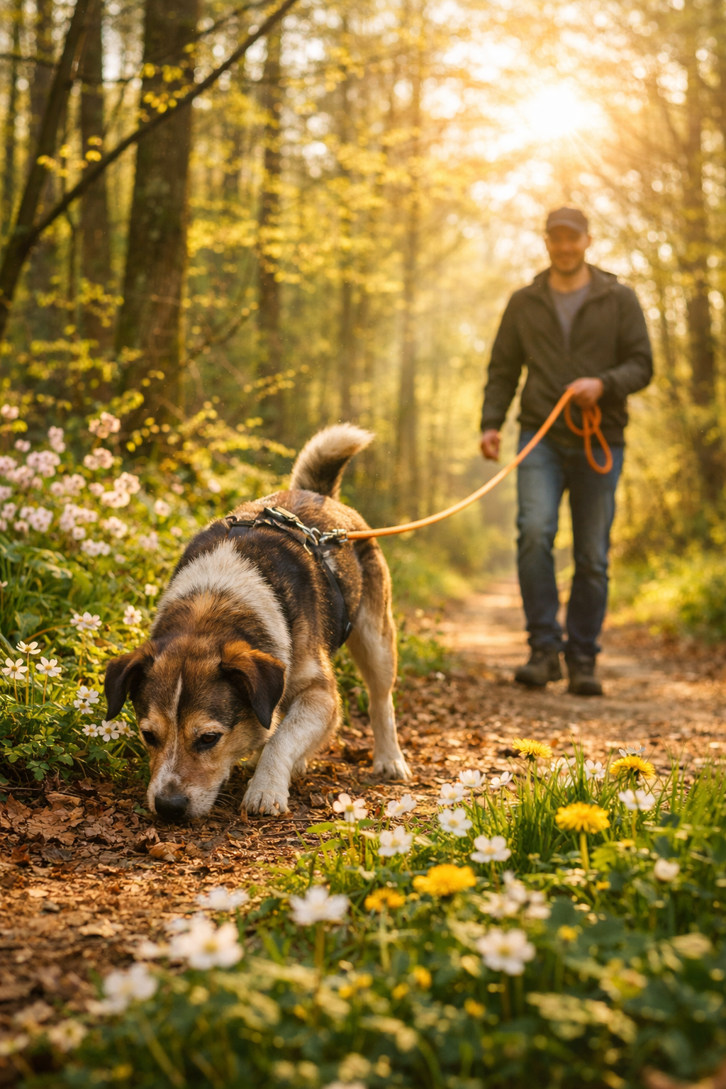 Mann beim Mantrailing mit Hund im Fürhling
