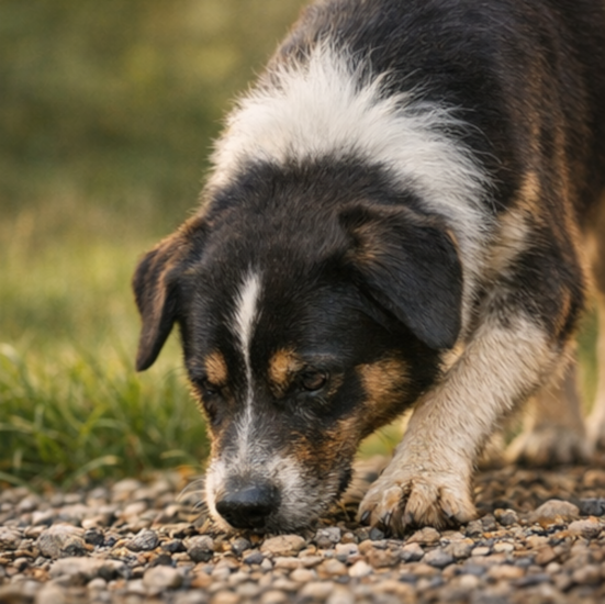 Hund am Ttrail auf Kies