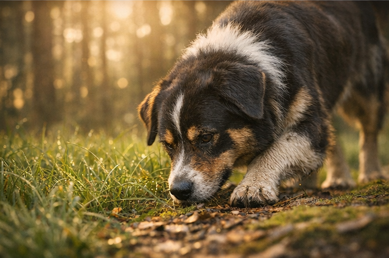 Hund beim trailen im Wald